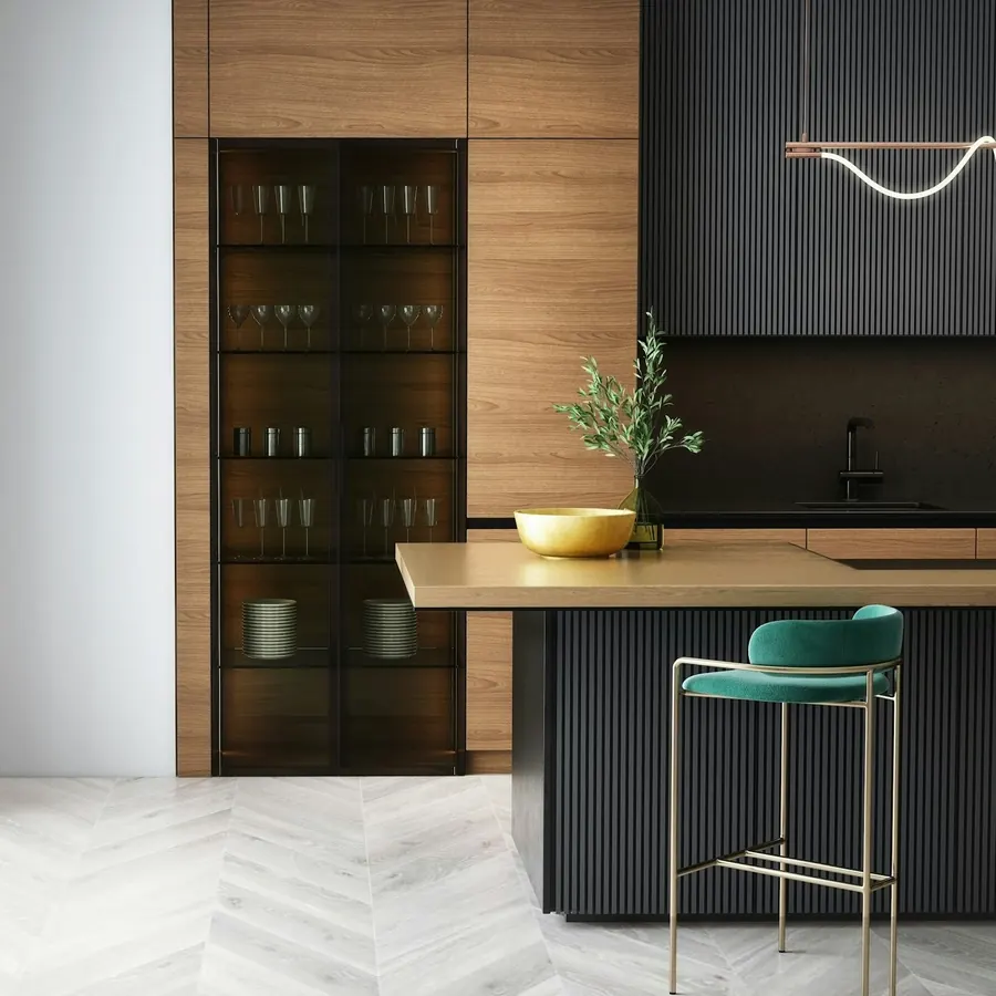 Cocina en negro mate con madera y barra